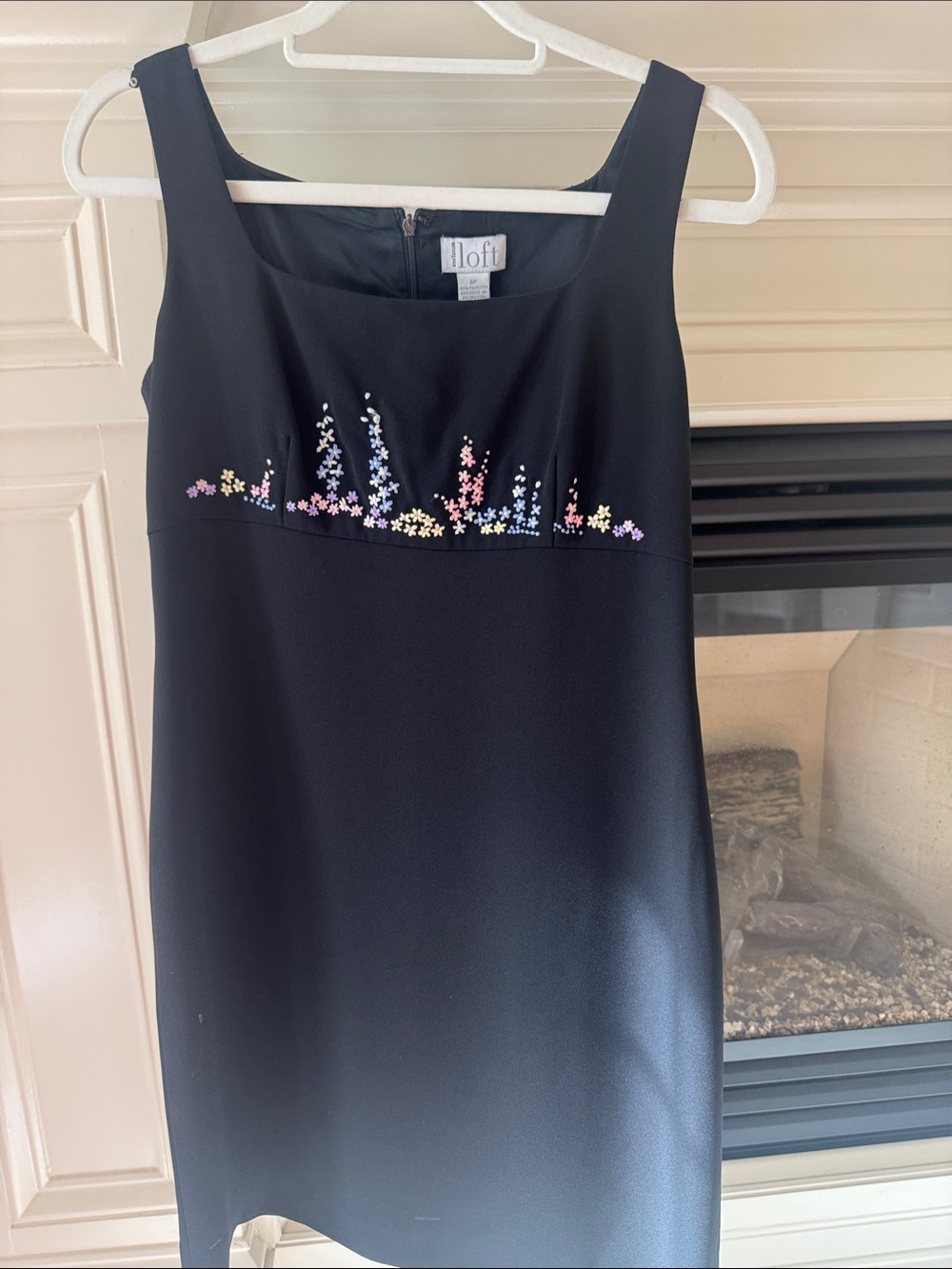LOFT Black Midi Dress with Pastel Floral Embroidery